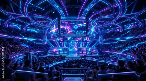 futuristic esports arena with neon lighting and gaming stage for championship event