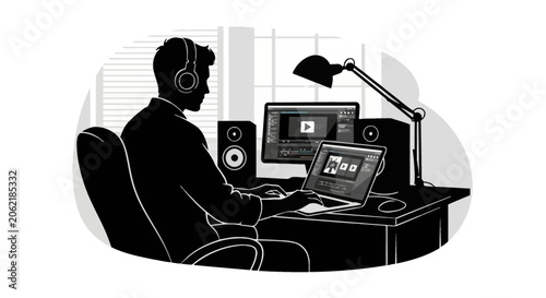 Silhouette of a male video editor with headphones at desk using laptop and monitor for post-production work with speakers and studio lamp in black and white vector style.