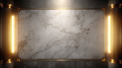 Ornate marble panel framed by classical fluted columns and glowing vertical light fixtures