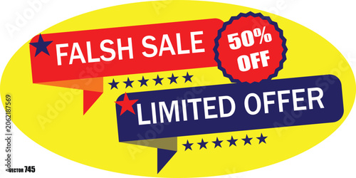 False sale and limited offer banners with 50 percent off discount label and stars.