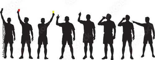Foto Group of sport referees standing in various poses with penalty cards silhouette
