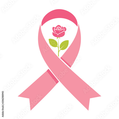 Pink awareness ribbon with rose illustration