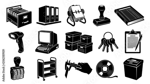 Black and White Office Administration Icons Set - Solid Glyphs of Business Workplace Tools and Supplies