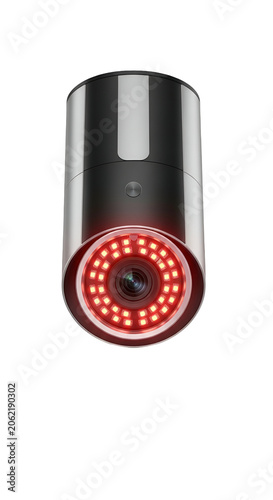 Shiny Chrome Security Camera with Red LED Lights Isolated Transparent Background