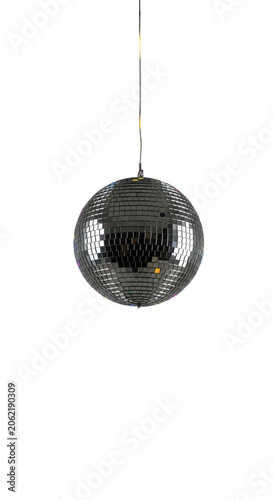 Shiny Disco Ball Hanging Isolated on White Background Sparkling Lights