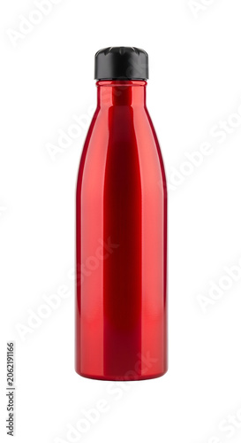 Shiny Red Metal Water Bottle Isolated Clean Studio Lighting