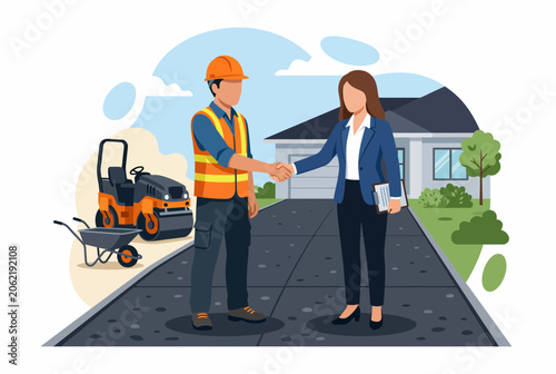 Worker and Insurance Agent Shaking Hands at Home Construction Site