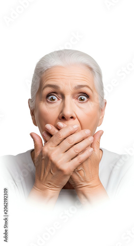 Shocked Elderly Woman Hands Covering Mouth White Hair Transparent Background