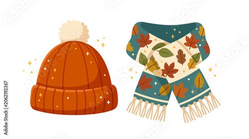 Fotografi Winter beanie and scarf set with autumn leaf pattern.