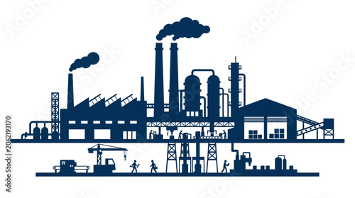 Schilderij op canvas Blue silhouette of large industrial plant with smoke chimneys.