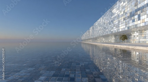 Modern architectural structure reflects upon a vast expanse of water under a clear sky
