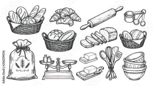 Bild auf Leinwand Vintage bakery sketch collection, hand drawn bread and pastry icons, rustic baki