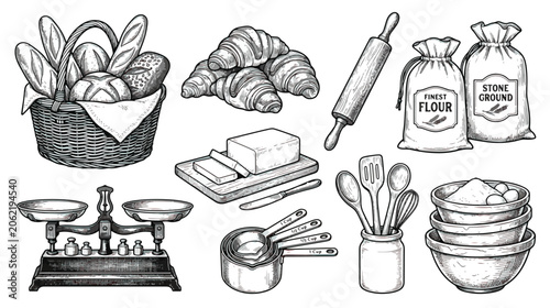 Fotografía Vintage bakery illustration set with bread basket and flour sacks, hand drawn ba