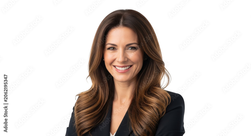 Obraz premium Smiling professional woman in a black suit looking at camera isolated on transparent background