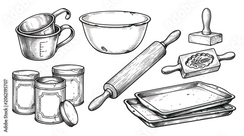 Photos Vintage baking tools collection, hand drawn kitchen utensils set, rustic wood ro