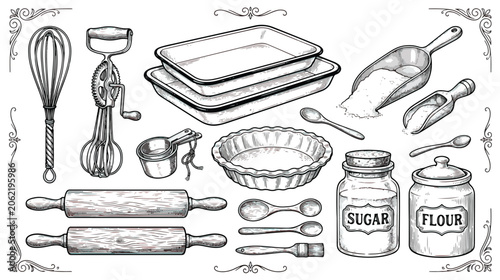 Fotografía Vintage baking tools and kitchen utensils vector set, hand drawn sketch of rolli