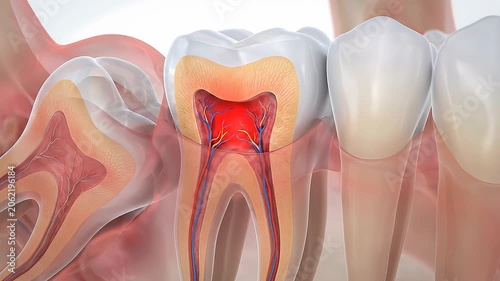 Molar tooth anatomy, impacted wisdom tooth, dental pain, inflamed nerves and roots, illustration for dental care and oral health