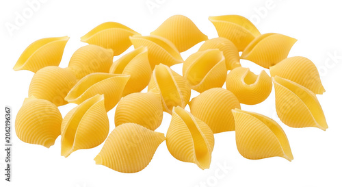 Raw dry shell pasta noodles piled together isolated on transparent background