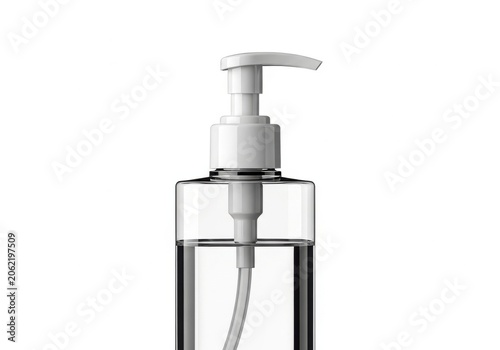 Clear plastic pump bottle with transparent liquid isolated on white background