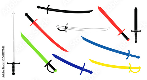 Canvastavla Diverse collection of colorful sword silhouettes and blade outlines