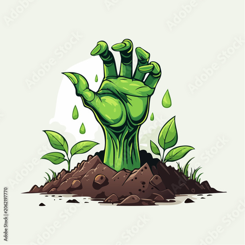 Green Hand Emerging from Soil with Sprouting Plants