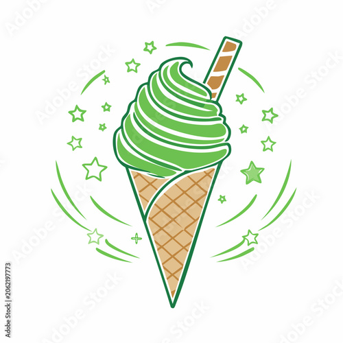 Green Ice Cream Cone with Wafer and Stars