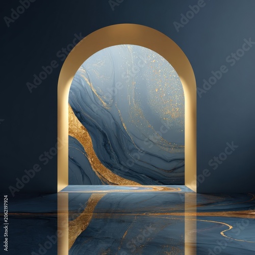 Elegant architectural niche displays abstract swirling patterns of deep blue and shimmering gold
