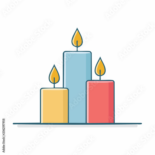 Three lit candles of different colors and heights