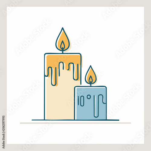 Two lit candles with dripping wax, minimalist illustration