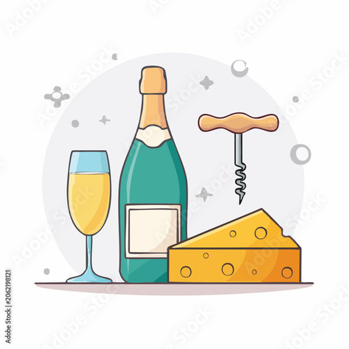 Champagne Bottle, Glass, Cheese, and Corkscrew Illustration