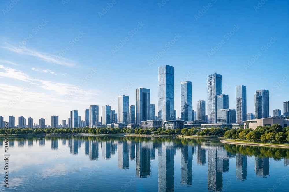 Fototapeta premium Business skyline beside urban lake