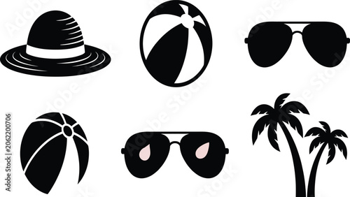 Konstfotografi Summer vacation objects in silhouette against a white background with palm trees