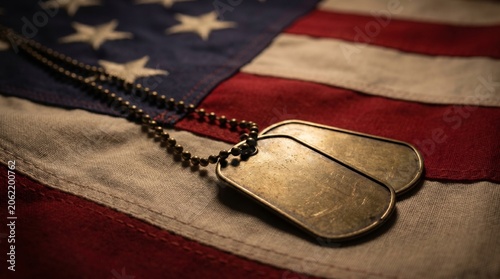 Photos Close-up of Military Dog Tags Resting on American Flag with Dramatic Lighting