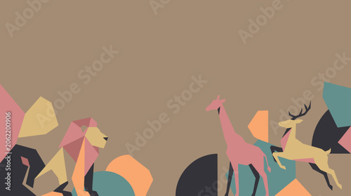 Photography Geometric safari animals, lion, giraffe, deer, abstract shapes, vector illustrat