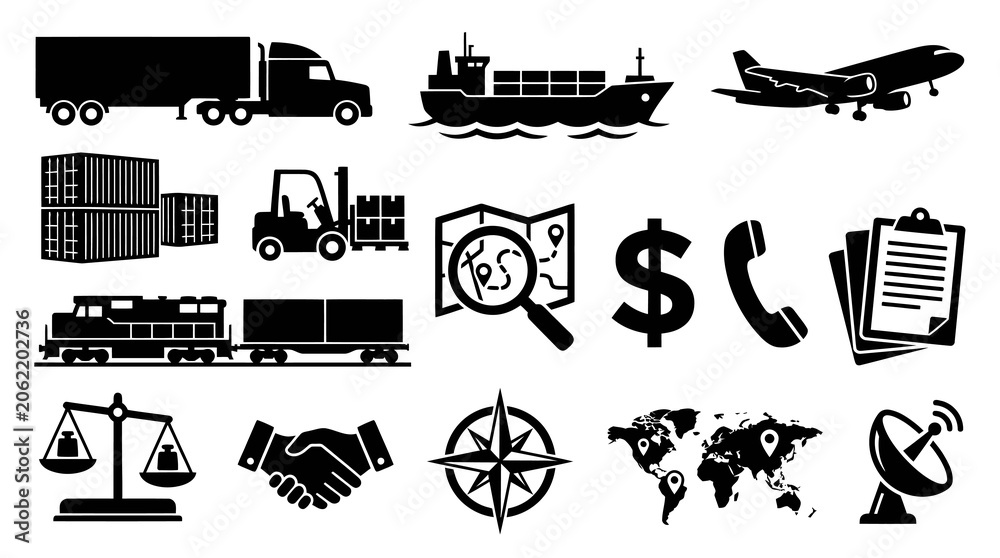 Obraz premium Logistic Icons Set: Truck, Ship, Plane, Train, Forklift, Map, Money, Phone, Globe