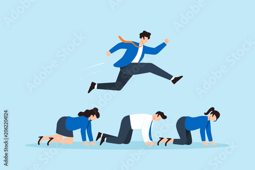 Canvas Print Flat illustration of businessman jumping over coworkers symbolizing workplace ri