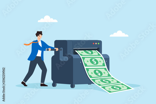 Fotografie Flat illustration of businessman operating money printing machine symbolizing mo