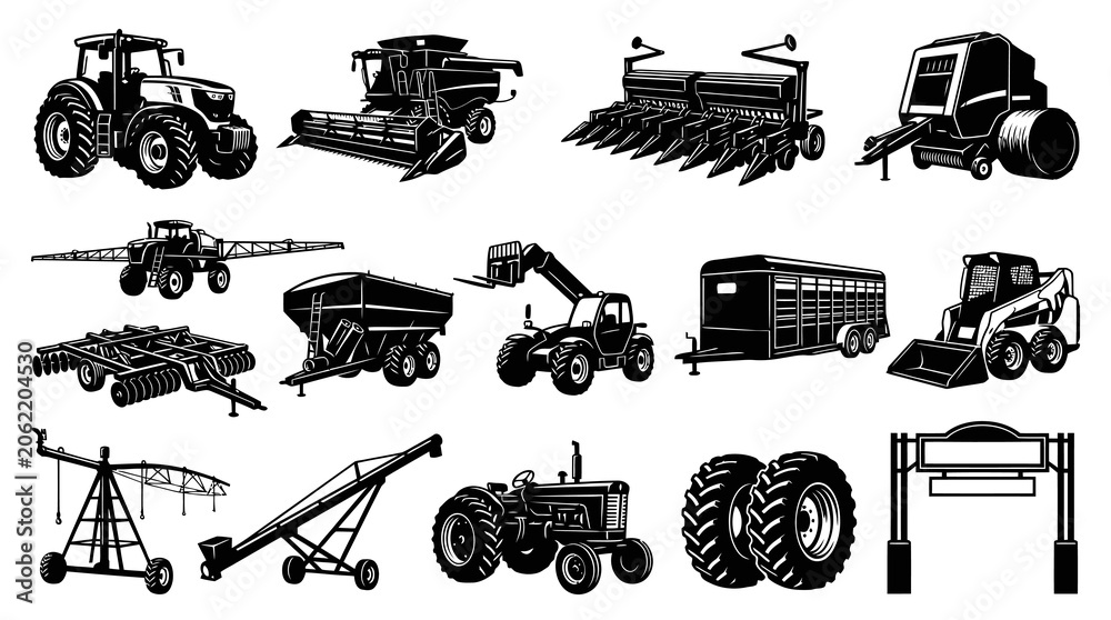 Obraz premium Agriculture Farm Equipment Black and White Vector Set - Machinery and Vehicles Glyph Illustrations