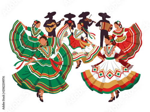 Mexican Folk Dancers in Traditional Dresses with Mariachi Band Silhouette Illustration for Cinco de Mayo and Cultural Festivals