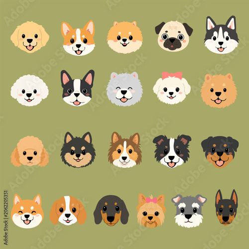 Bild auf Leinwand Cute dog breeds face icon set, cartoon puppy avatars vector illustration