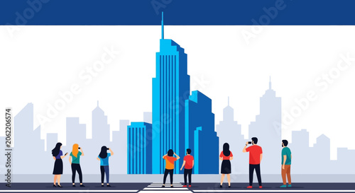 People standing in front city.