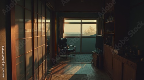 Sunlight streams through the window illuminating the interior hallway of a dwelling during the late afternoon