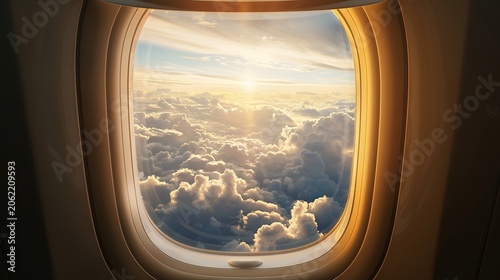 Golden sun shining through clouds, viewed from airplane window during flight