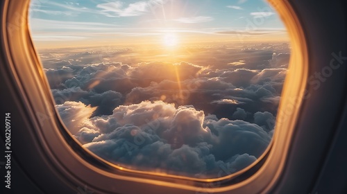Golden Sunset Above Fluffy Clouds from Airplane Window During Flight