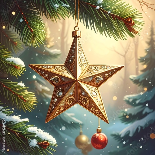A golden star ornament hangs from a snowy pine branch