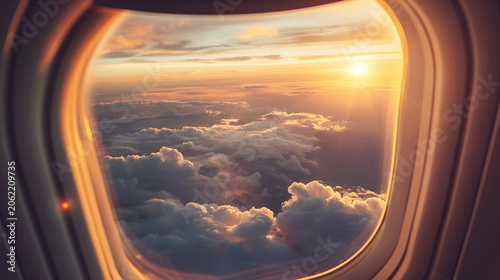 Golden sunset over fluffy clouds seen from an airplane window. Scenic aerial view during flight, travel adventure.