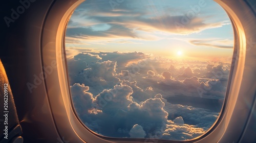 Golden sunset over fluffy clouds from airplane window during flight, aerial view at golden hour