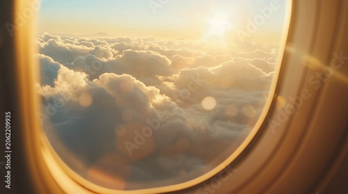 Golden Clouds from Airplane Window at Sunrise or Sunset