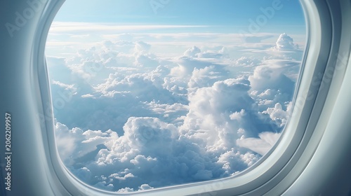 Airplane window view of fluffy white clouds and blue sky during flight