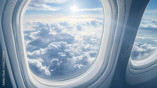 Bright sun and fluffy white clouds seen from an airplane window during a high-altitude flight